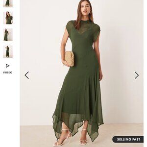 ASOS DESIGN high neck hanky hem chiffon maxi dress in dark moss US 2 UK 6 Eu 34